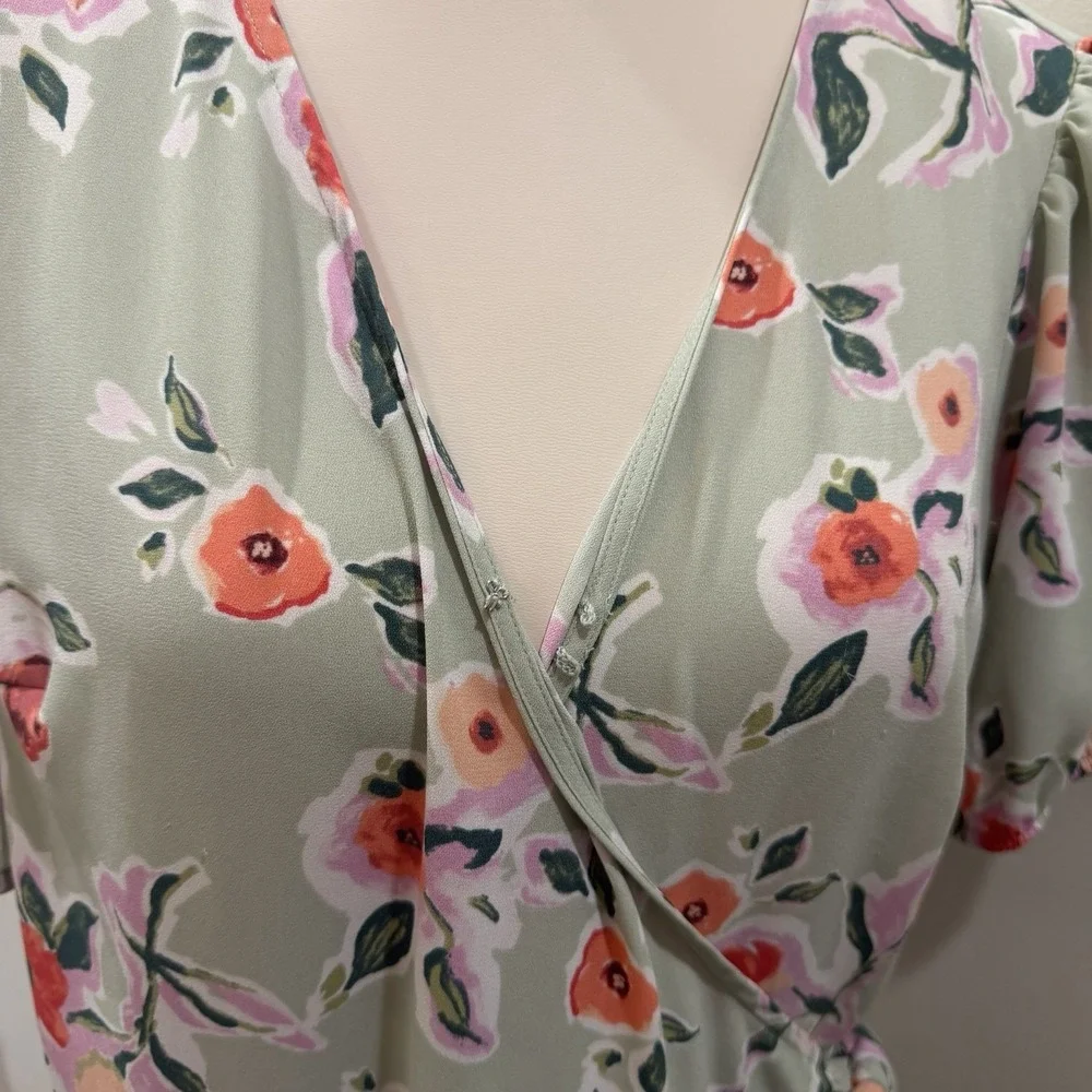 LC Lauren Conrad Size Large Sage Green Floral Faux-Wrap Midi Dress Cottagecore - Picture 5 of 15